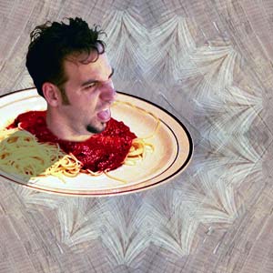 This is a plate of pasta with my friend's head on it.